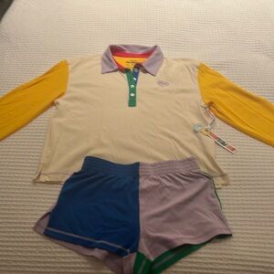 Big feelings xs lounge set. Long sleeve top/shorts cream lavender green & blue